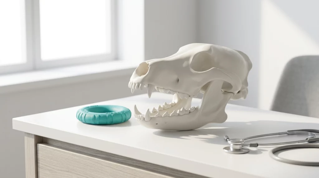 A clean, professional photo of a canine jaw anatomical model next to a dog chew toy on a bright white desk.