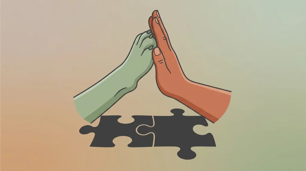 A conceptual illustration of a human hand and dog paw meeting, casting a shadow shaped like interlocking puzzle pieces to symbolize cooperation.