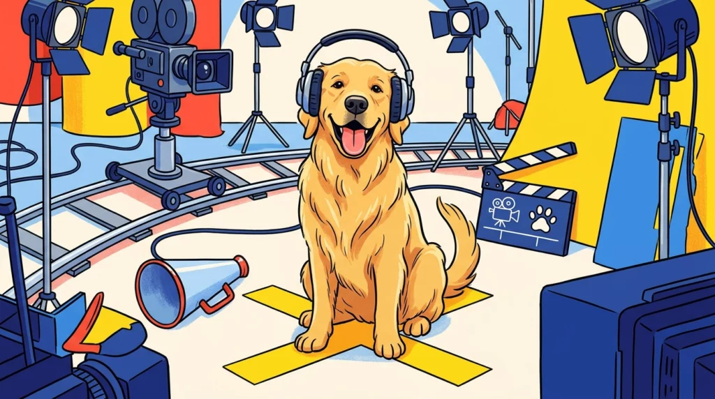 A playful illustration of a happy Golden Retriever wearing giant studio headphones on a colorful movie set.