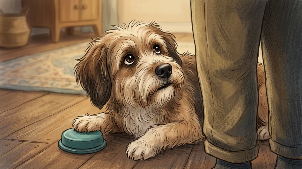 A warm storybook illustration of a fluffy dog looking intently at its owner's face, with a single pet-communication button on the floor near its paw.
