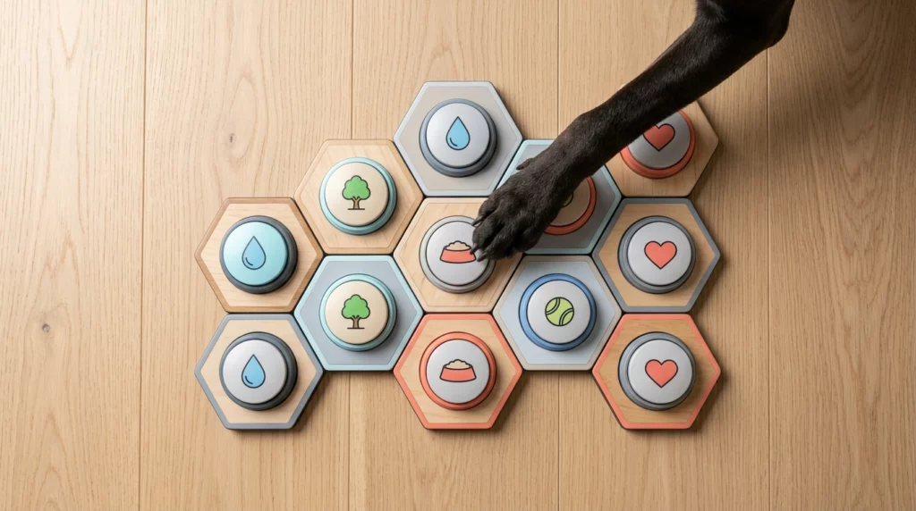 An overhead flat lay of a modern hexagonal pet soundboard on a hardwood floor, with a dog's paw hovering over one of the colorful buttons.