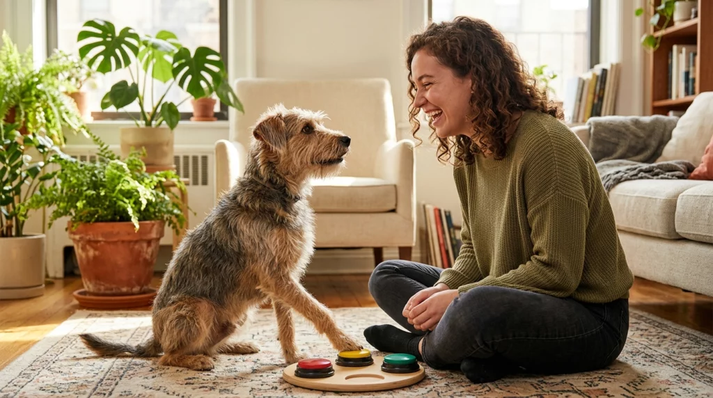 A warm editorial photo of a woman laughing with her scruffy terrier mix dog as it presses a bright yellow communication button on the floor.