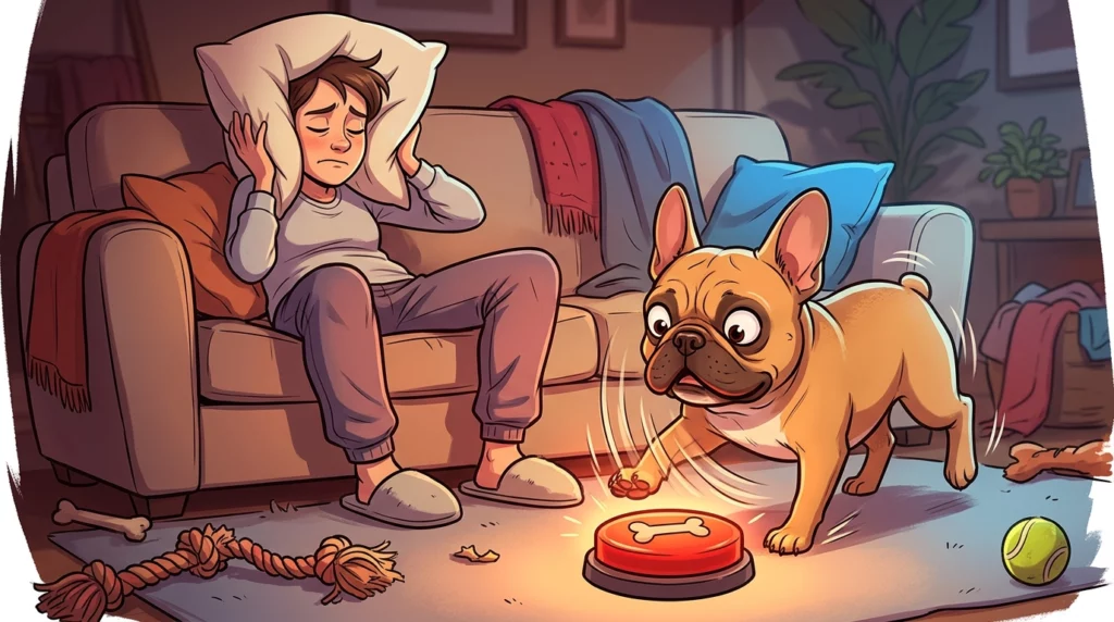 A funny illustration of a tired owner covering their ears while a French Bulldog repeatedly mashes a red button on the floor.