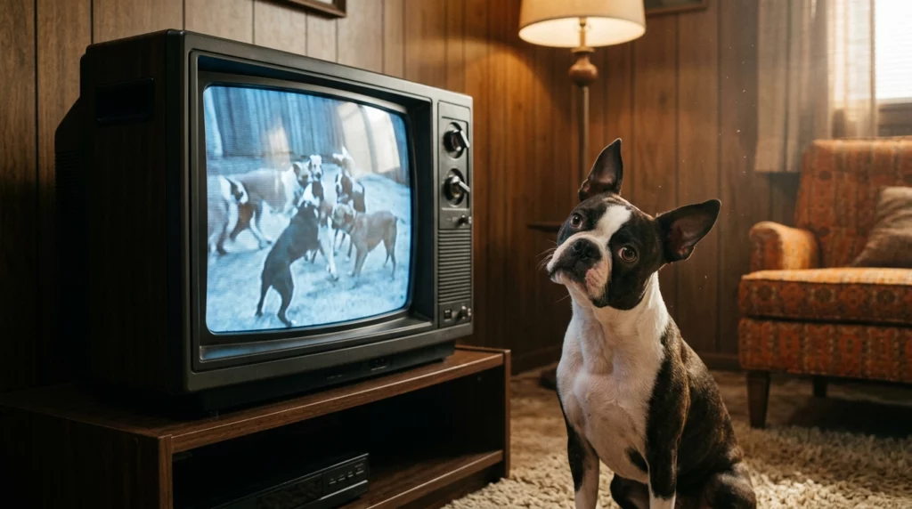 A Boston Terrier looks confusedly at a vintage CRT television set, illustrating how old TVs flickered to dog eyes.