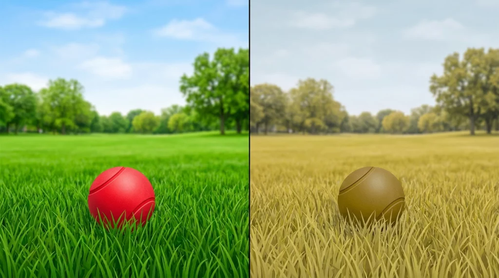 A split visual comparing how humans see a red ball in green grass versus how dogs see it in shades of yellow and blue.