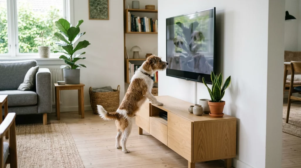 A scruffy terrier dog looking inquisitively behind a wall-mounted flat-screen TV.
