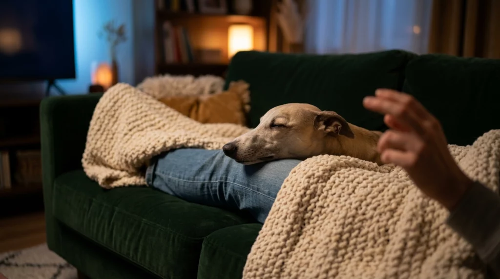 A Whippet resting its head on its owner's lap under a blanket during a cozy evening movie night.