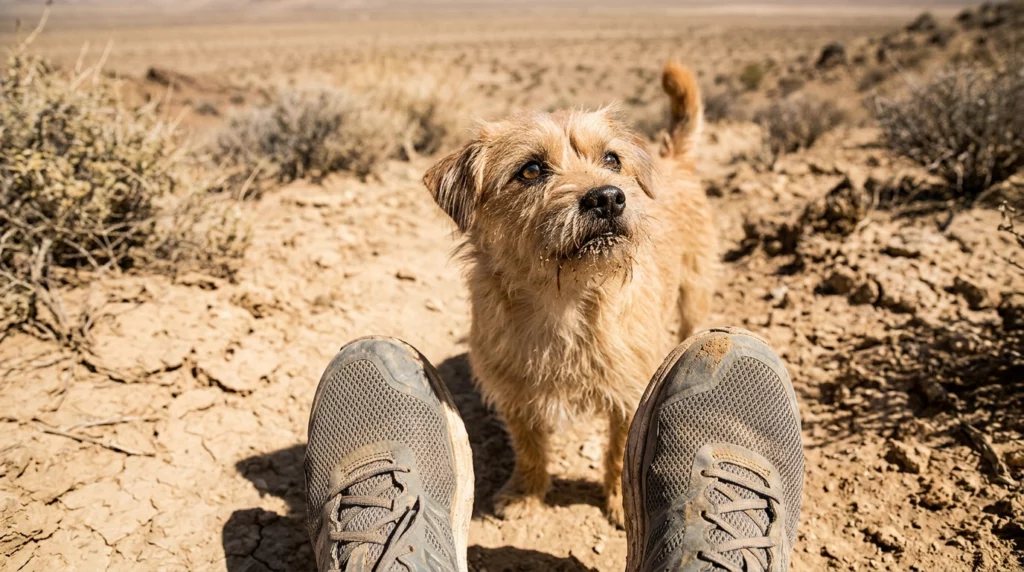 A low-angle editorial photo from a runner's perspective, looking down at a small, dusty tan terrier mix on a dry desert trail.