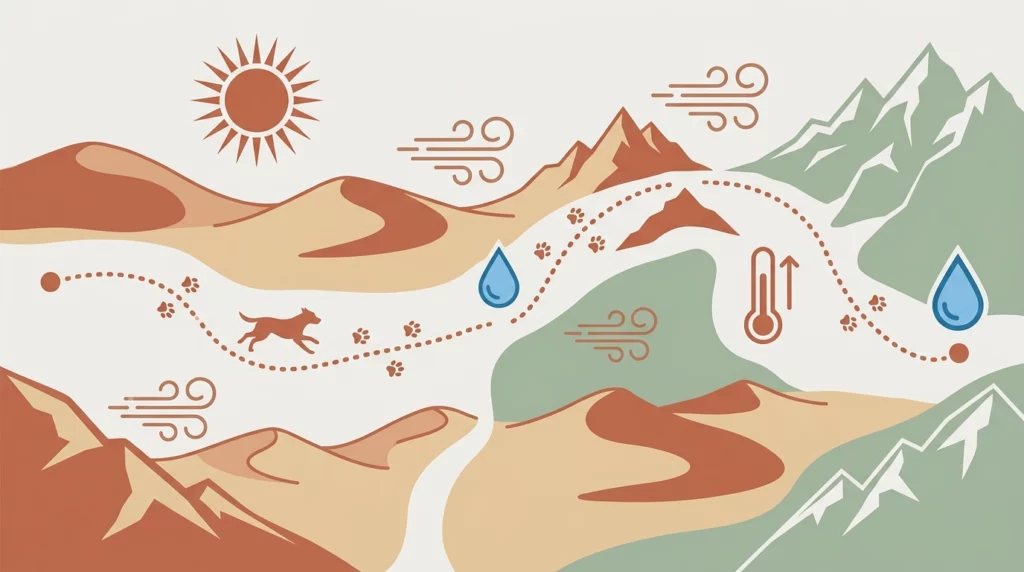 A clean, text-free graphic diagram of a desert race route with icons of sun, dunes, and a tiny running dog.