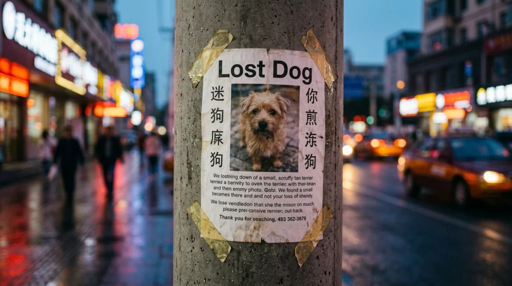 An editorial photo of a flyer with Gobi's photo taped to a utility pole on a bustling Chinese city street at dusk.
