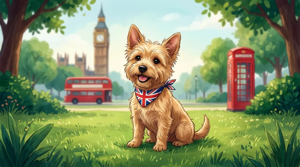 A warm storybook-style illustration of Gobi wearing a Union Jack bandana, sitting happily in a sunny London park with Big Ben in the distance.