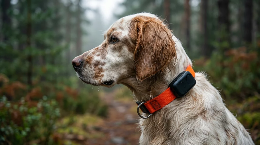 An editorial photo of an English Setter in a misty forest wearing an orange collar with a sleek black GPS tracking device attached.