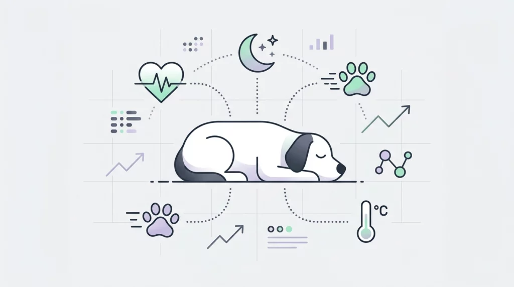 A minimalist infographic diagram showing a dog silhouette surrounded by clean, textless health and activity icons.
