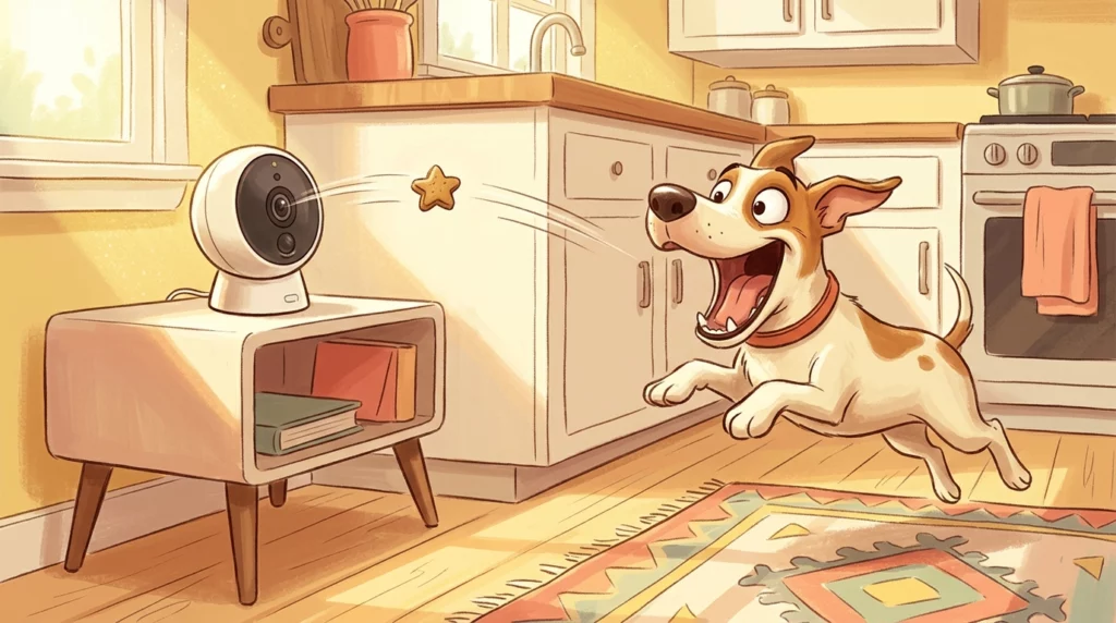 A warm storybook illustration of a smart pet camera flinging a treat to an excited dog mid-jump.