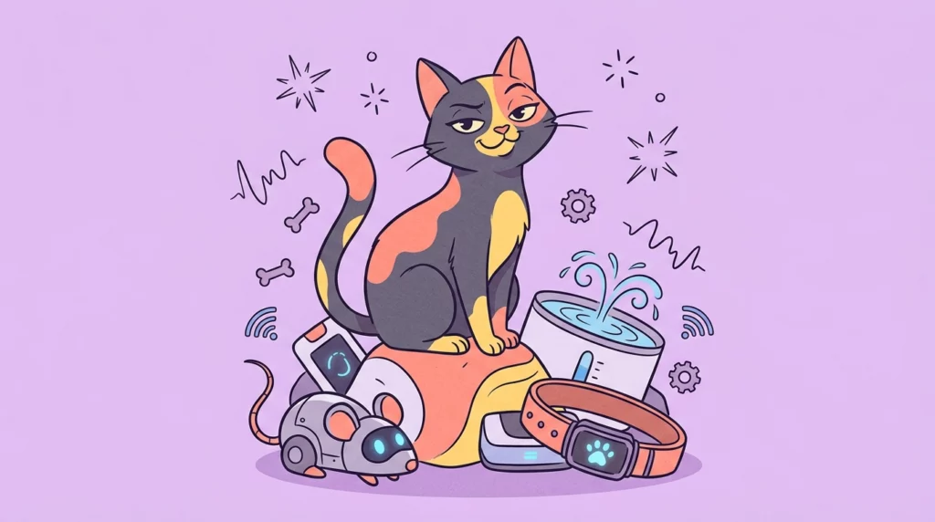 A playful editorial illustration of a sassy cat sitting proudly on a pile of high-tech pet gadgets against a lavender background.