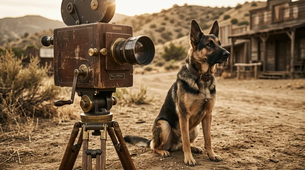An editorial photo of a classic German Shepherd sitting next to a vintage 1920s film camera on a sunny, dusty outdoor movie set.