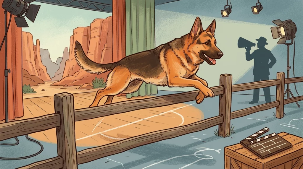 A warm storybook-style illustration of a brave German Shepherd performing a dramatic leap over a fence on an old Hollywood soundstage.