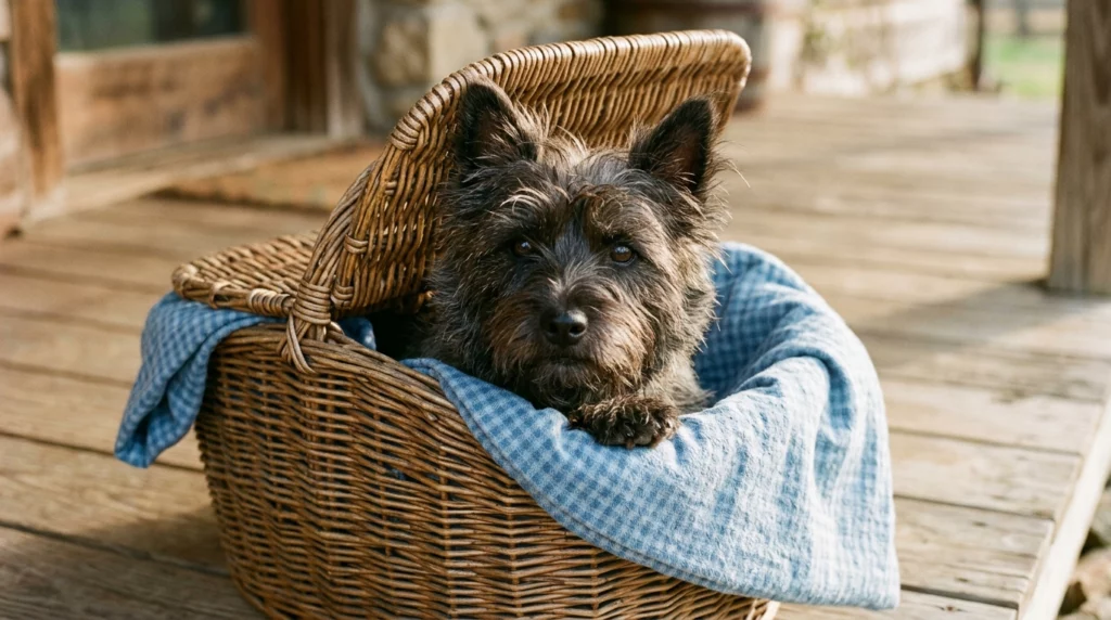 A close-up shot of a scruffy Cairn Terrier peeking out of a classic wicker picnic basket on a sunny porch.