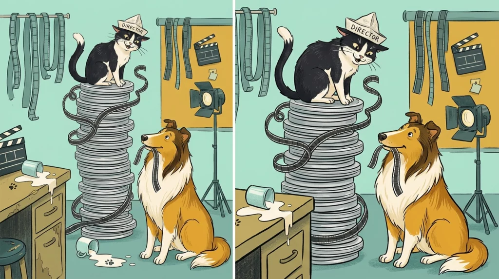 A playful illustration of a sassy black-and-white cat in a director's hat sitting on a stack of film canisters above a polite, patient Rough Collie.