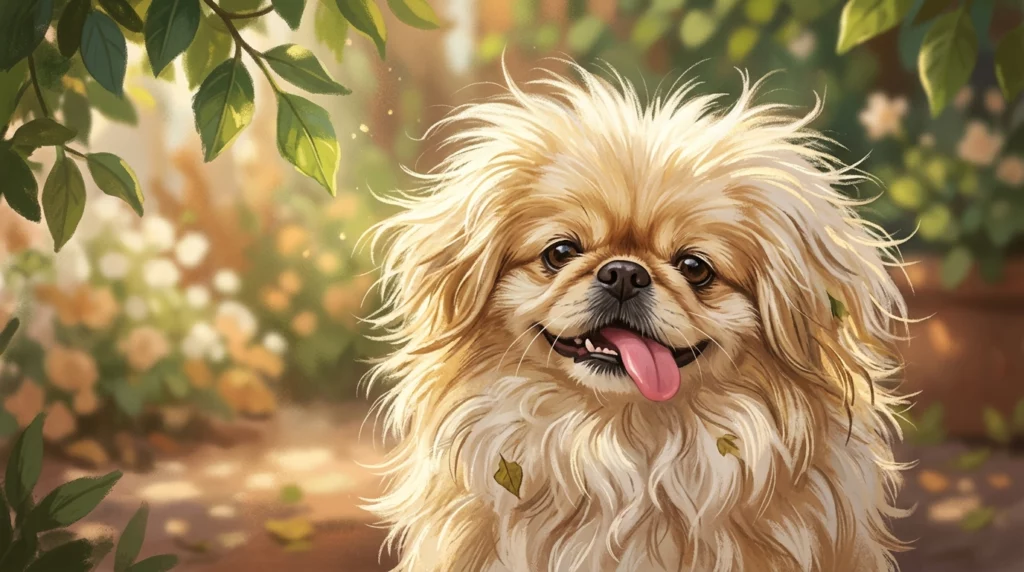 A charming storybook-style illustration of a happy Pekingese dog with a wild, fluffy coat and a cute tongue sticking out.
