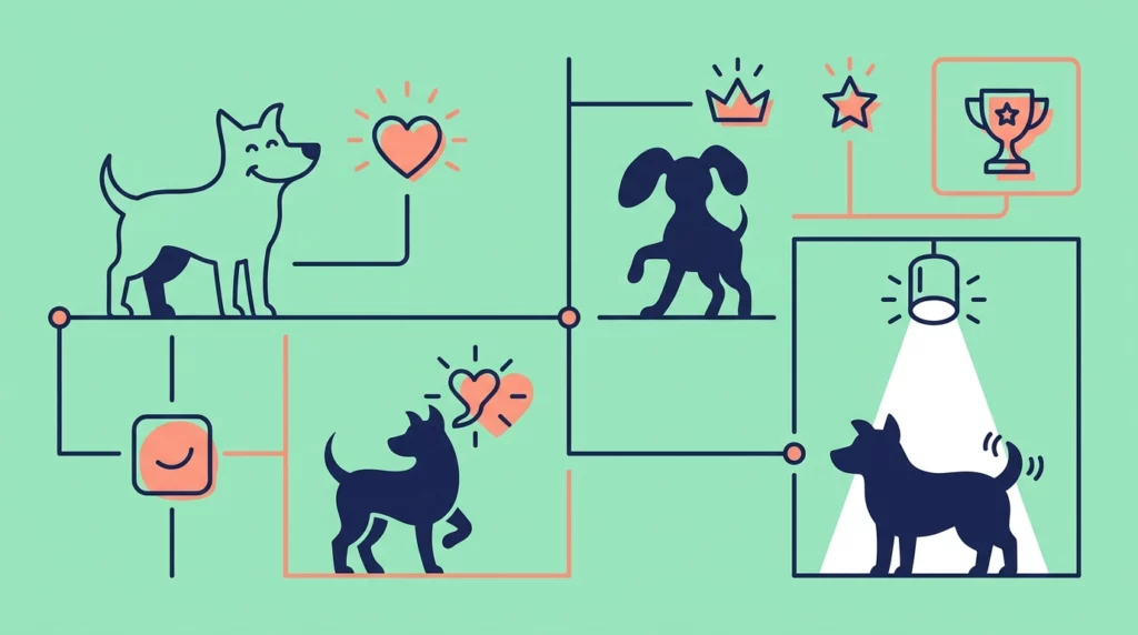 An infographic-style diagram showing whimsical icons of a heart, a crown, and a trophy, representing the unique judging criteria of the contest.