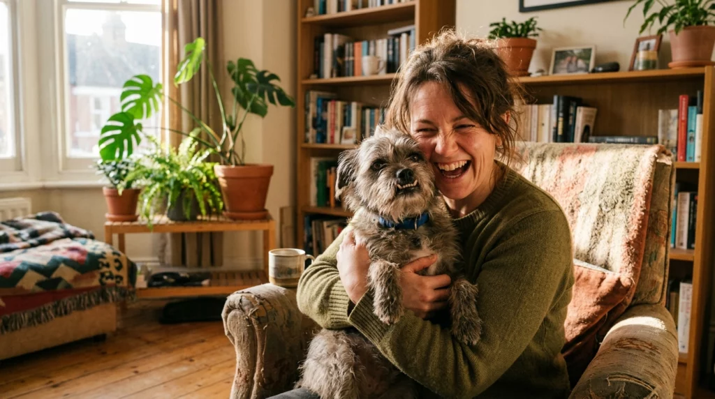 A candid photo of a happy owner laughing while cuddling a scruffy, uniquely adorable rescue dog in a sunlit living room.