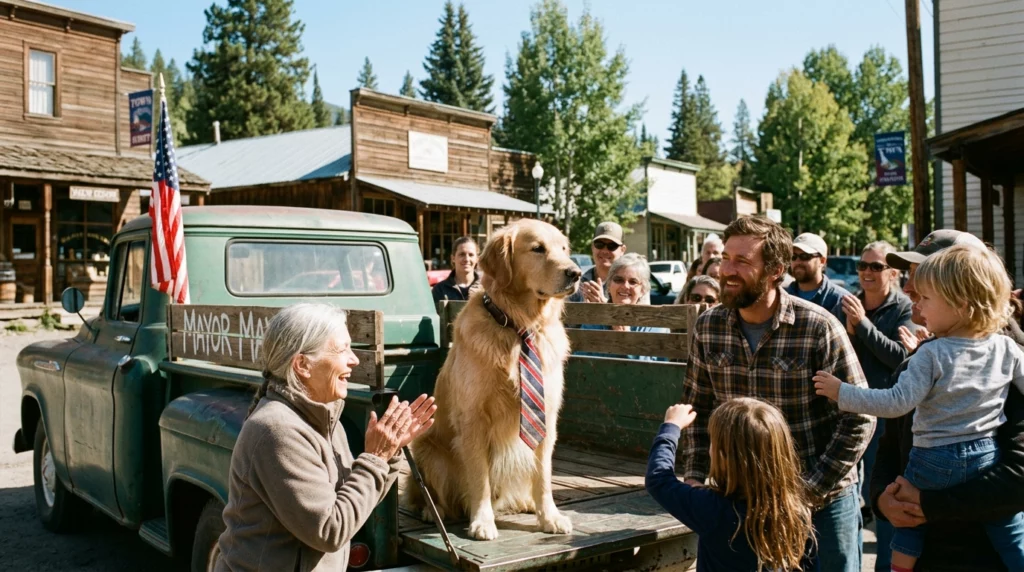 A Golden Retriever sitting on a vintage truck tailgate surrounded by smiling community members in a mountain town.