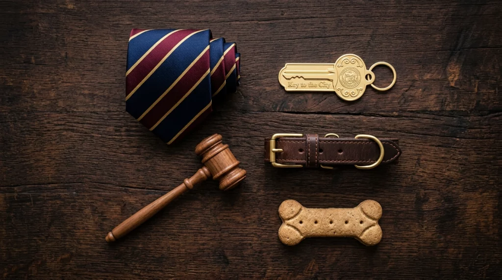 A flat lay of mayoral dog items including a necktie, a gold key to the city tag, a gavel, and a treat.