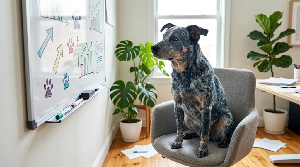 A blue-speckled dog sitting in an office chair looking at a whiteboard with paw print charts.