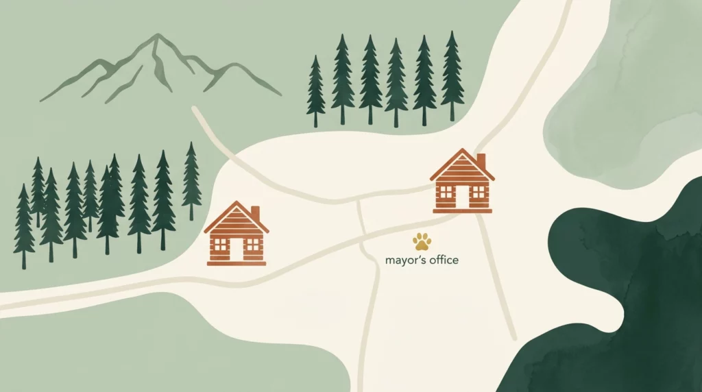 A clean, minimalist illustrated map of a mountain town featuring pine trees and a golden paw print icon.