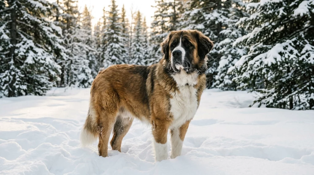 A powerful Saint Bernard mix standing majestically in a snowy pine forest during golden hour.