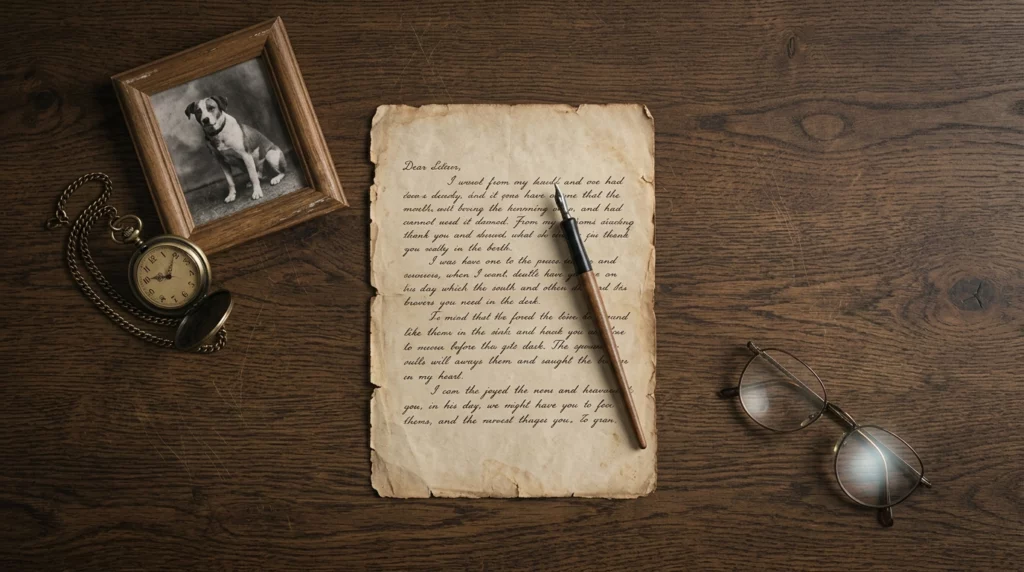 An overhead flat lay of vintage writer items including a brass pocket watch, glasses, and an old dog photo.