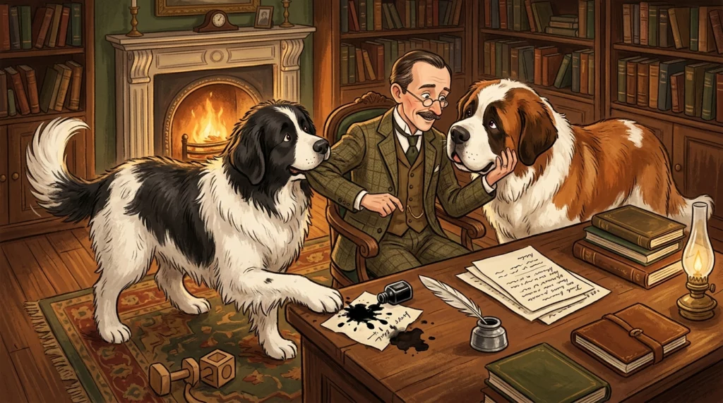A playful illustration of two large dogs gently interrupting a Victorian writer at his desk.