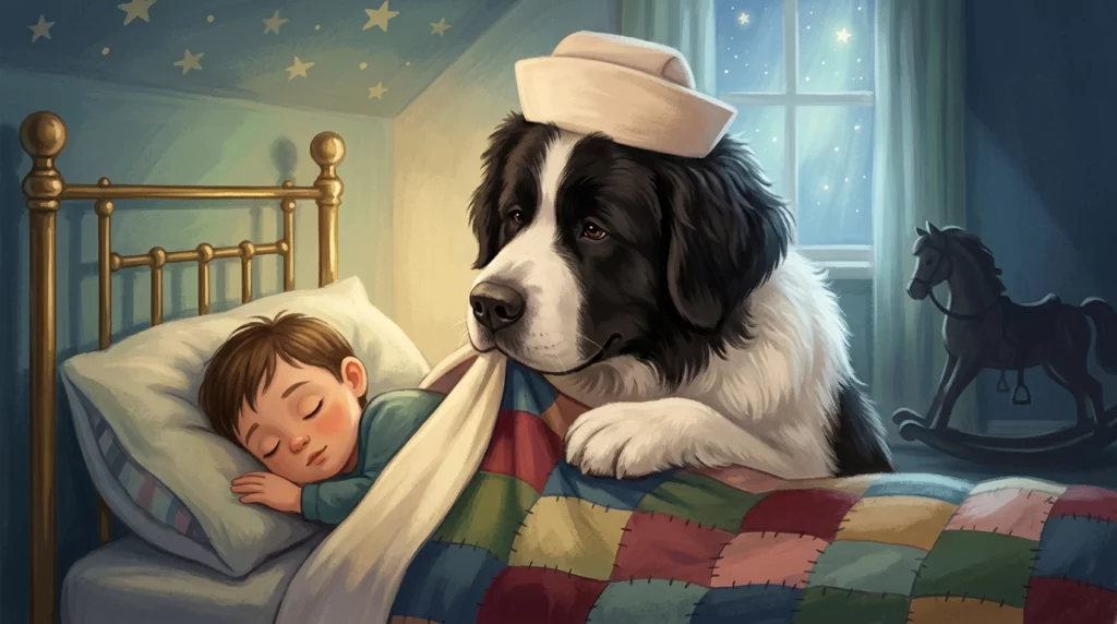 A charming storybook illustration of a gentle Landseer Newfoundland dog tucking a sleeping child into bed.