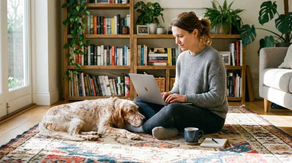 A natural documentary photo of an English Setter resting its chin on its owner's foot as she writes.