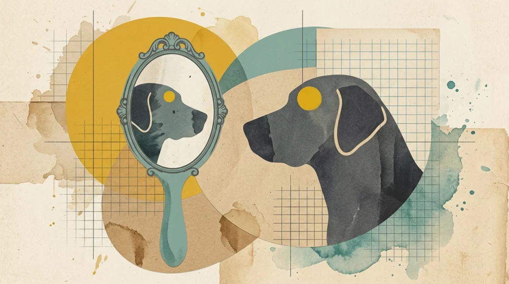 A magazine-style editorial collage illustrating the classic mirror self-recognition test with a dog silhouette, a mirror, and a bright forehead mark.