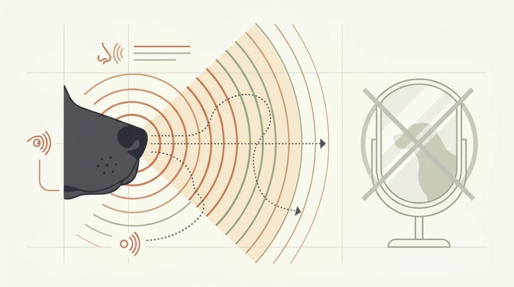 A clean infographic-like diagram illustrating olfactory self-awareness, contrasting a dog's scent-based perception with visual mirror reflection.
