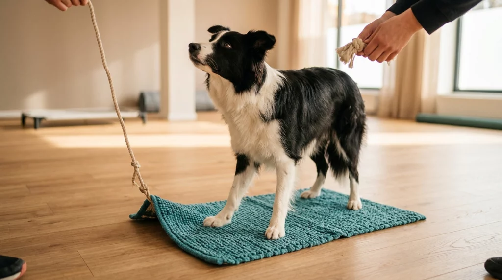 An editorial photo of a Border Collie performing a body awareness test, standing on a mat and figuring out how to move its body weight.
