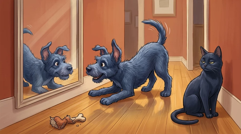 Playful editorial illustration of a chaotic blue puppy barking excitedly at his reflection in a hallway mirror while a calm black cat looks on, bored.