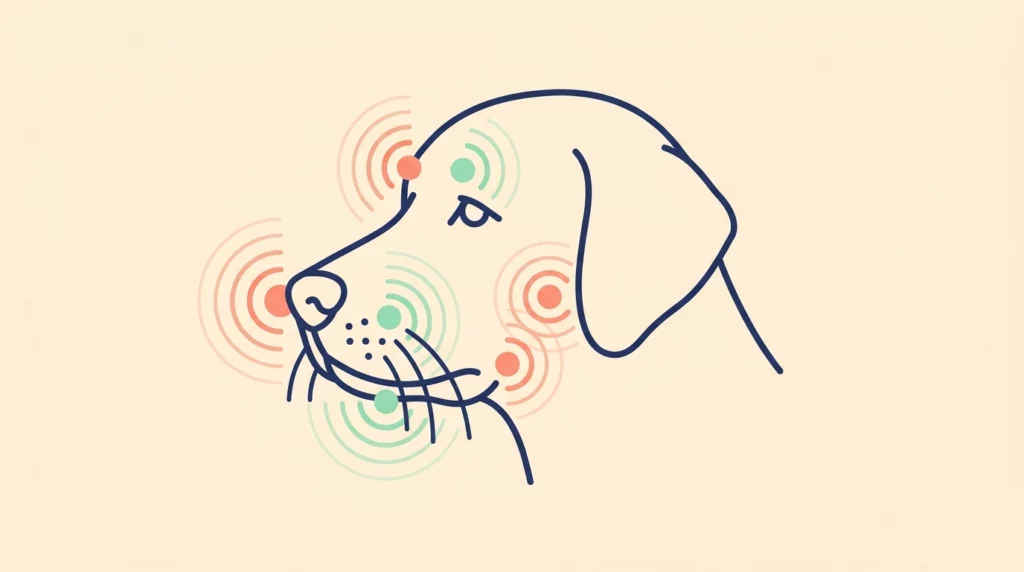An educational vector diagram showing a dog's head silhouette with colored zones pointing out the four different areas where whiskers grow.