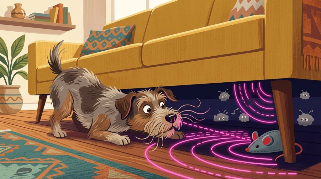 A colorful illustration of a dog sniffing under a couch, with glowing pink radar lines showing how its whiskers sense a toy hidden in the dark gap.