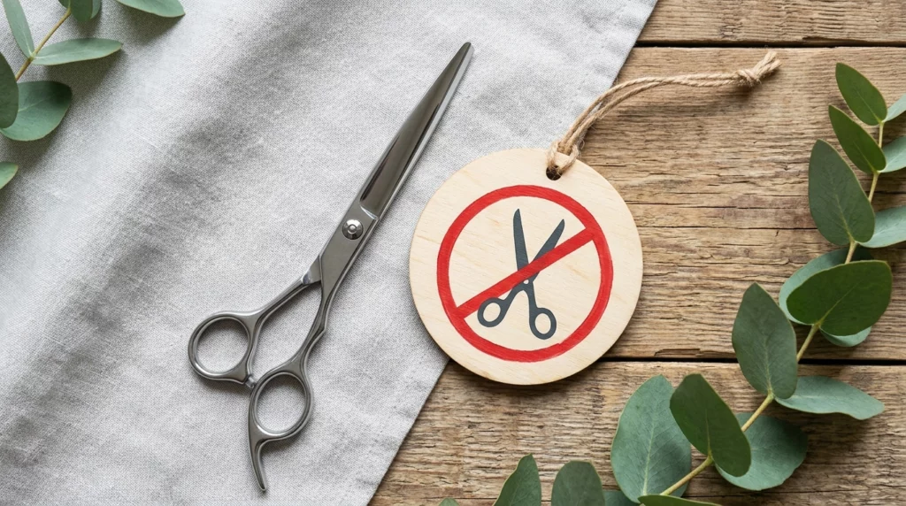 An overhead flat lay of grooming scissors next to a wooden tag showing a red 'no' symbol, cautioning against trimming whiskers.