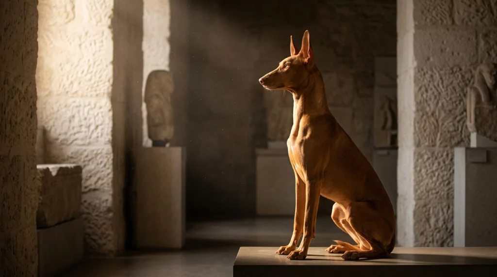 A sleek, golden Pharaoh Hound sitting in profile, reminiscent of ancient Egyptian art.