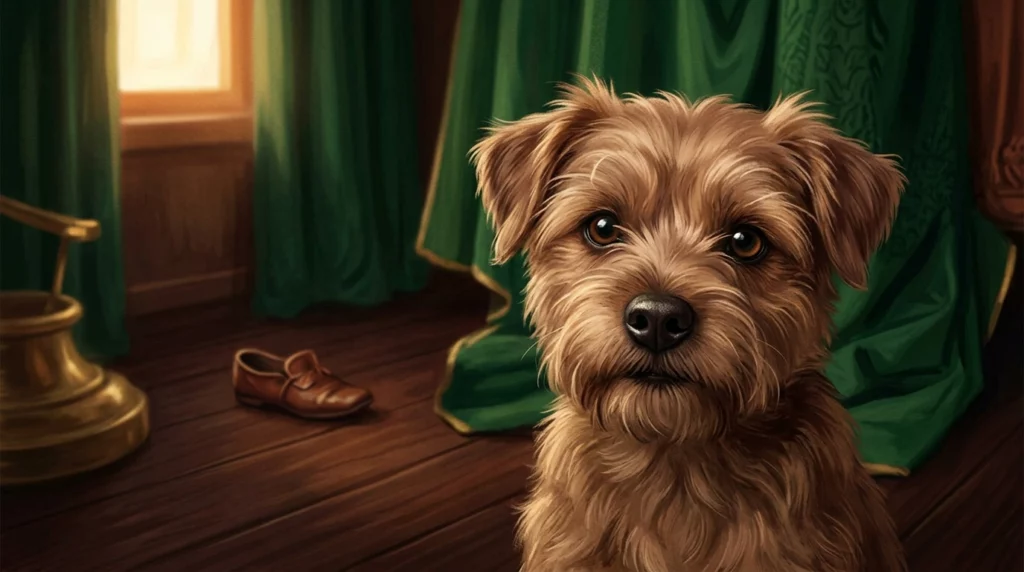 A charming storybook illustration of a scruffy terrier from a historical painting.