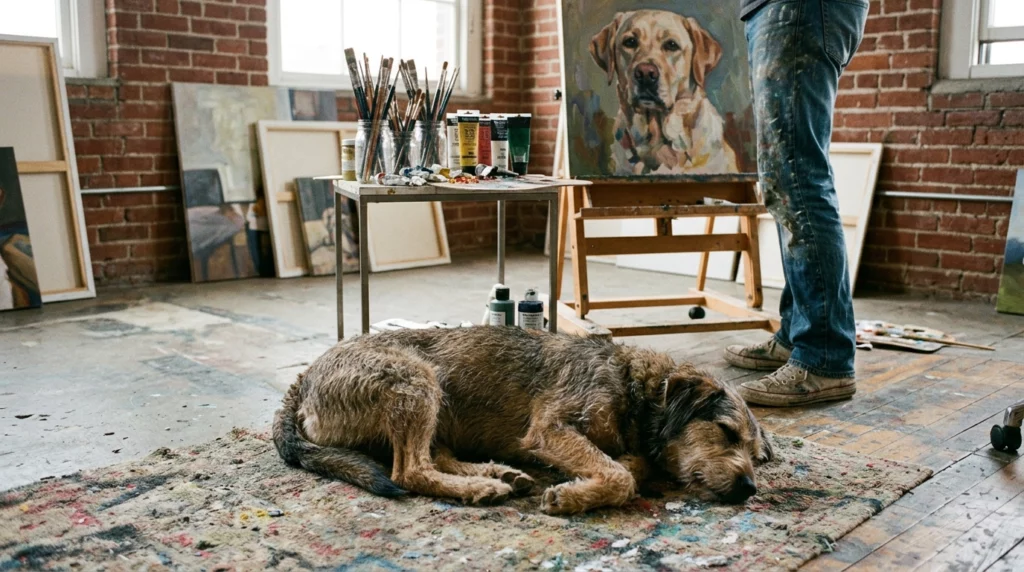 A scruffy dog rests peacefully on a paint-splattered rug in a bright, cluttered art studio.