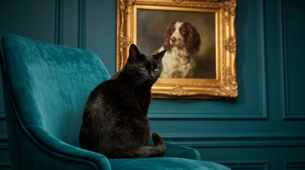 A sleek black cat looks skeptically back at a classic oil painting of a dog hanging on a dark wall.