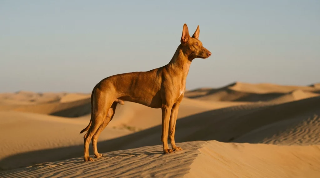 An elegant Pharaoh Hound standing majestically on a desert sand dune at sunset.