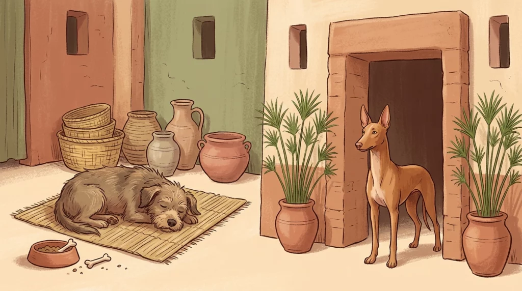 A charming illustration of two ancient Egyptian dogs, one sleeping lazily on a mat and the other standing proudly on guard.