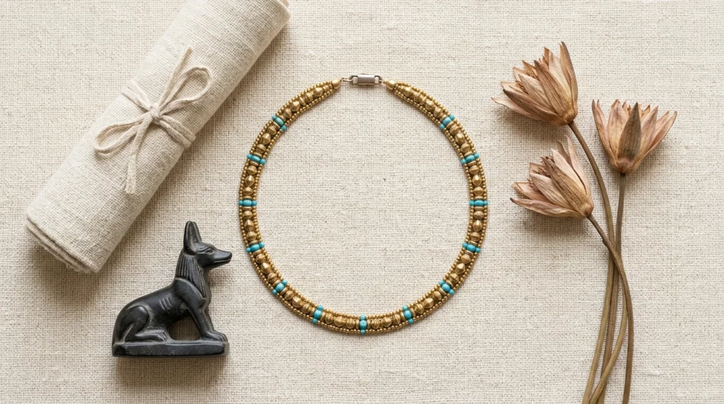 A beautiful flat lay of a gold and turquoise pet collar, a stone dog amulet, and dried lotus flowers on a linen fabric.