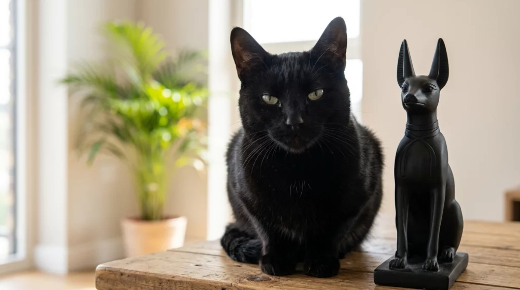 A sleek black cat sitting confidently next to a small black statue of the Egyptian god Anubis in a sunlit room.
